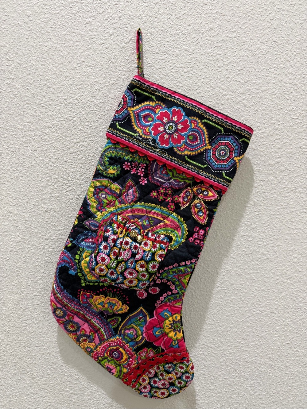 Vera Bradley Holiday Stocking Symphony In Hue Quilted Pocket with bells. Retired
